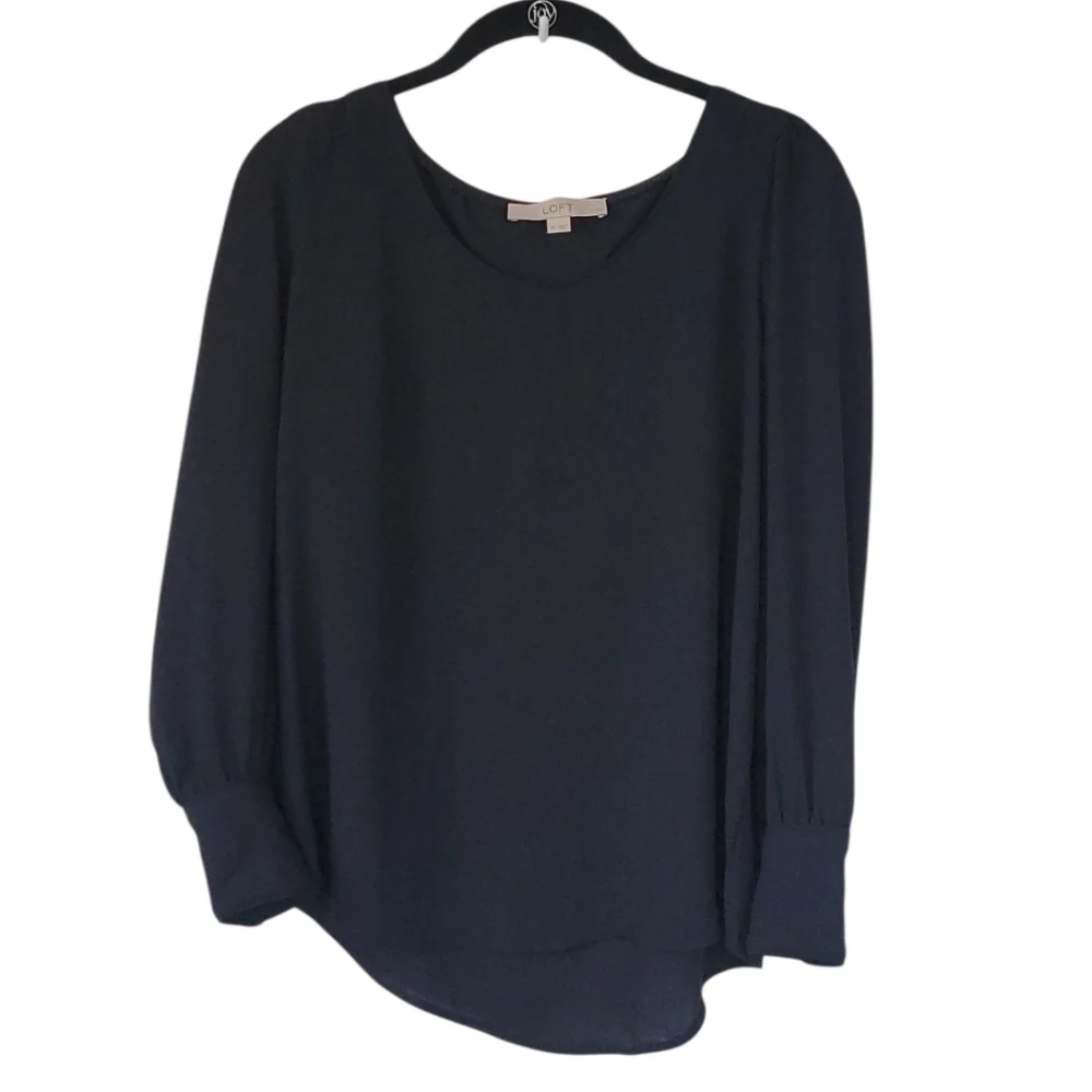 LOFT Small Petite Black Semi Sheer Blouse Puff Sleeve Button Cuff Classic Top